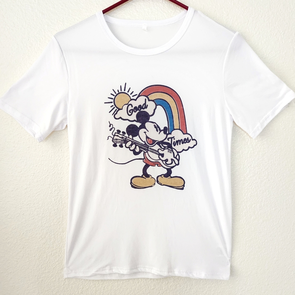 🔥White T-Shirt with Cartoon Mickey Graphic Size M
